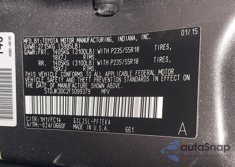 2015 Toyota Sienna Le 7 Passenger z USA, uszkodzony, nr VIN 5TDJK3DC2FS099379